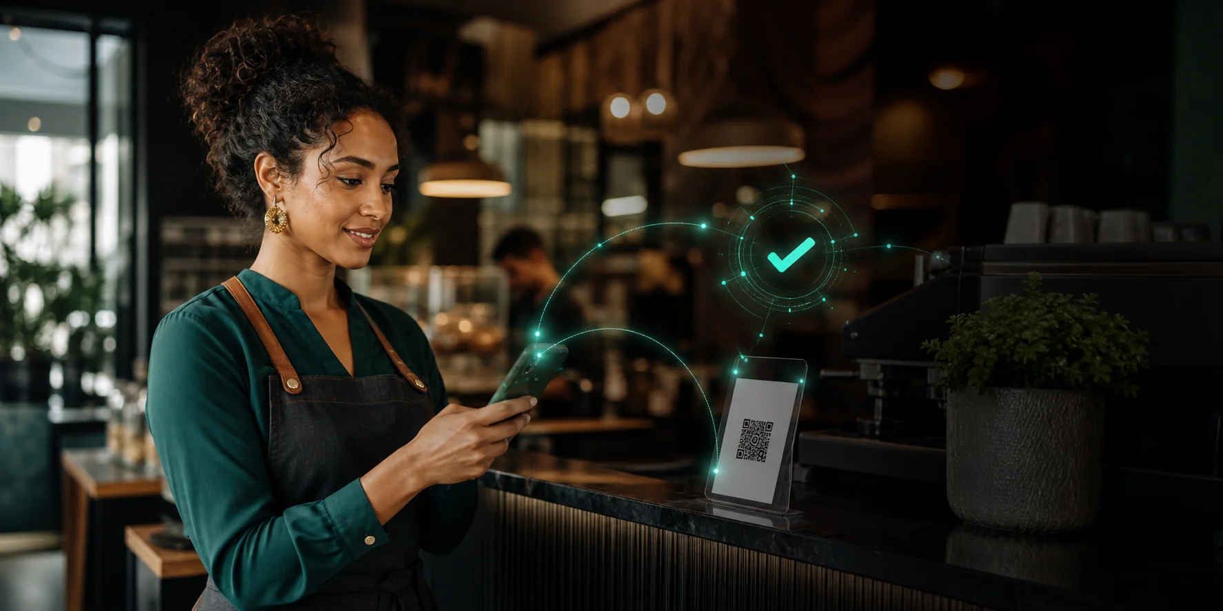 Ethiopian café manager checking a digital receipt with a phone