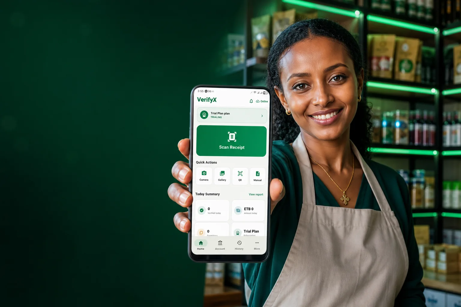 Ethiopian business owner presenting VerifyX on a smartphone