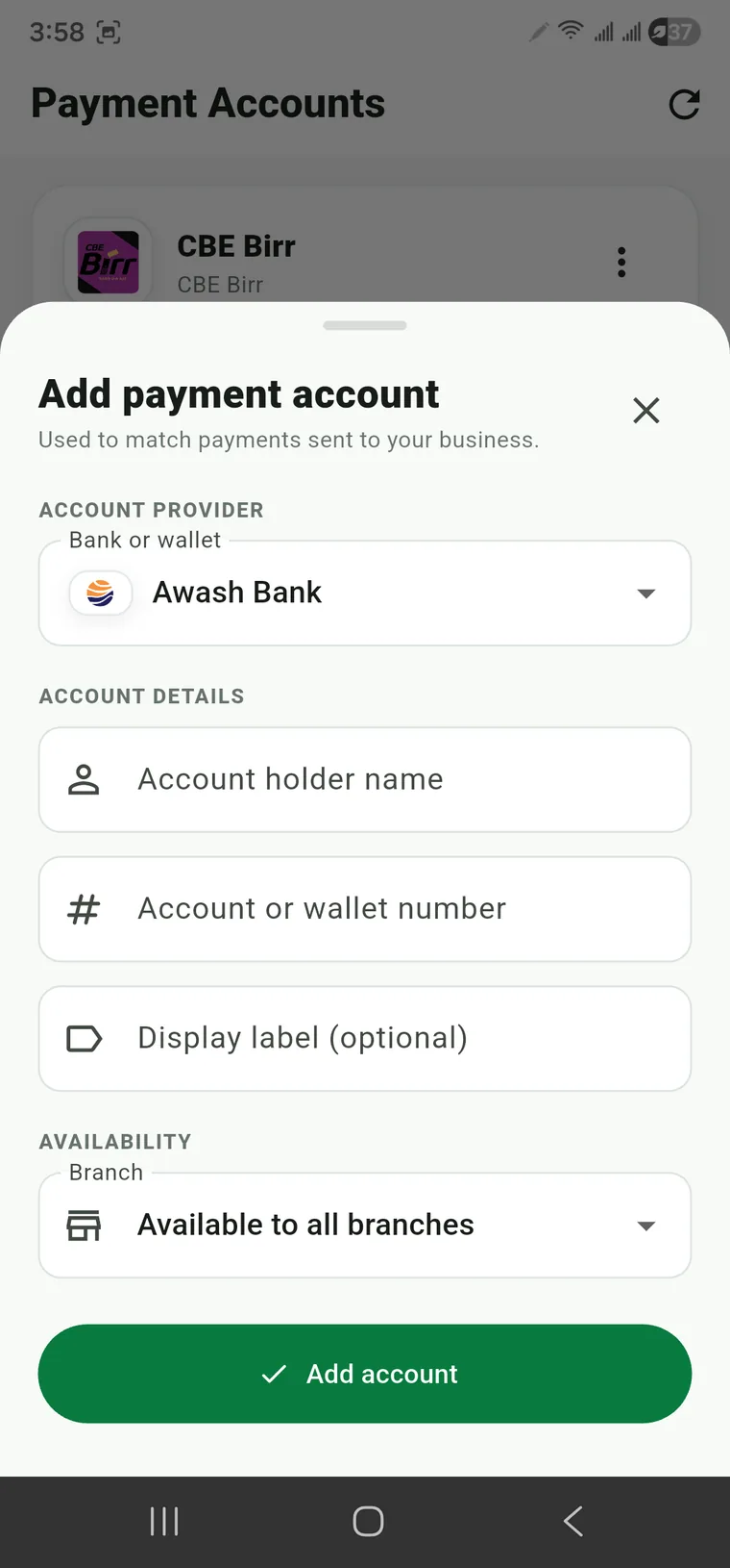 VerifyX add payment account screen
